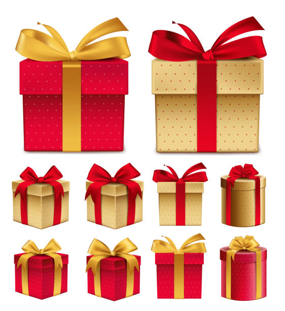 ilustraciones, imágenes clip art, dibujos animados e iconos de stock de realista 3d colección de patrón caja de regalo de color rojo - white background decor religious celebration christmas