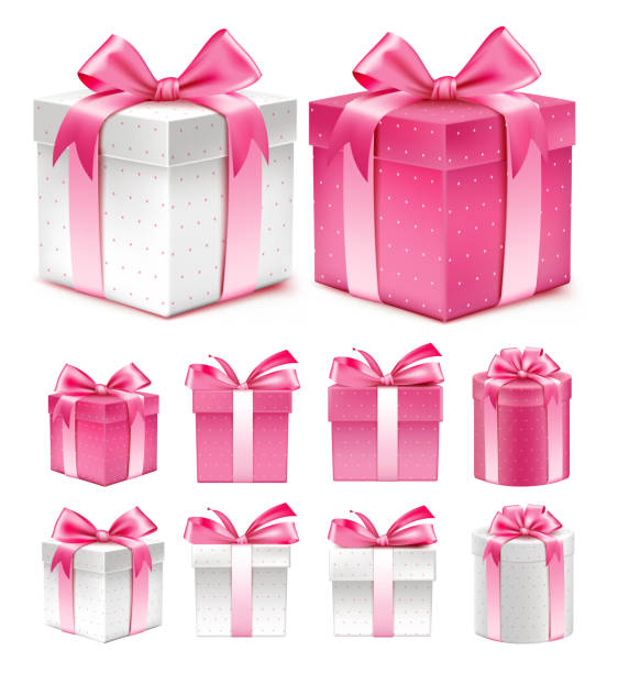 ilustraciones, imágenes clip art, dibujos animados e iconos de stock de realista 3d colección de colorido rosa patrón caja de regalo - birthday present christmas pink white background