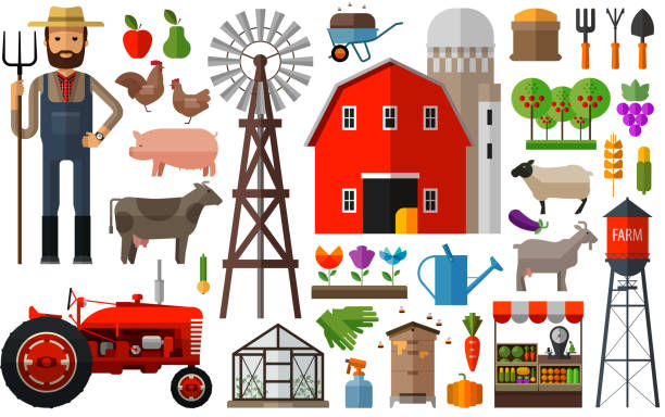 illustrazioni stock, clip art, cartoni animati e icone di tendenza di fattoria nel villaggio di vector logo design template. harvest, giardinaggio, orticoltura - john garner