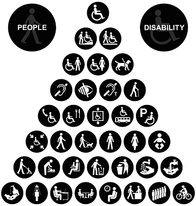 Black and white disability and people related pyramid graphics collection isolated on white background