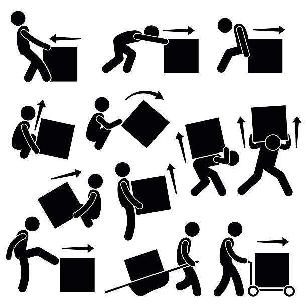 stockillustraties, clipart, cartoons en iconen met man moving box actions postures stick figure pictogram icons - oppakken