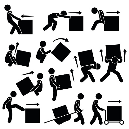 A set of human pictogram representing methods and ways for a man to move a big box. This include many postures and poses such as pull, push, drag, lift, rollover, kick, and moving it with stretcher and cart.