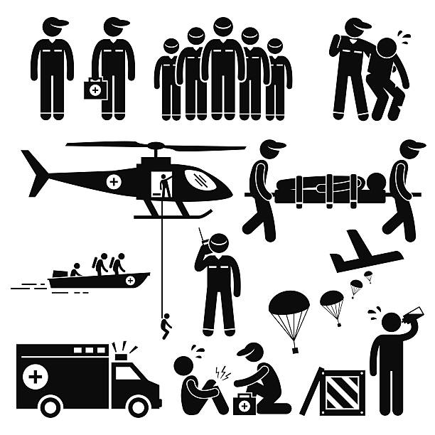 Emergency Rescue Team Stick Figure Pictogram Icons A set of human pictogram representing emergency rescue team and paramedic saving life of injured victims with helicopter, boat, and ambulance. They are also dropping food supply from air with aeroplane. They provide medical attention as well. paramedic stock illustrations