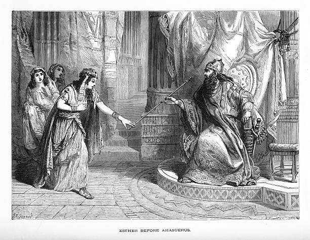 Esther Before Ahasuerus Biblical Engraving Rare and beautifully executed Engraved illustration of Esther Before Ahasuerus Biblical Engraving from The Popular Pictorial Bible, Containing the Old and New Testaments, Published in 1862. Copyright has expired on this artwork. Digitally restored. esther bible stock illustrations