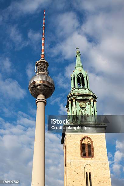 Berlin Tv Tower And St Marys Church Tower Stock Photo - Download Image Now - 2015, Bell Tower - Tower, Berlin