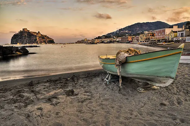 Photo of Aragonese castle (Ischia island Italy) view from beach old priso