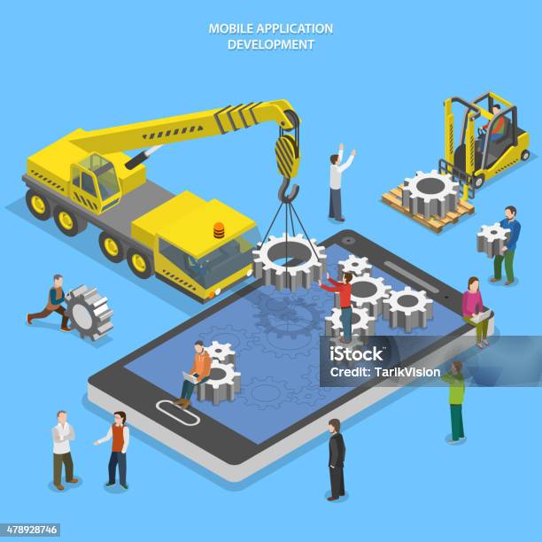 Mobile App Development Flat Isometric Vector Stock Illustration - Download Image Now - Construction Industry, Mobile App, Development
