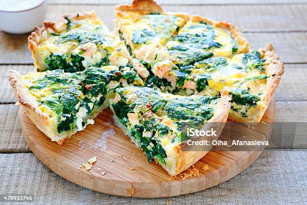 Round Pie With Spinach And Fish Stock Photo - Download Image Now - Spinach, Quiche, Savory Pie