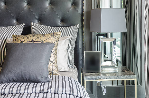 istock luxury black and white bedroom with grey lamp on table 478937772