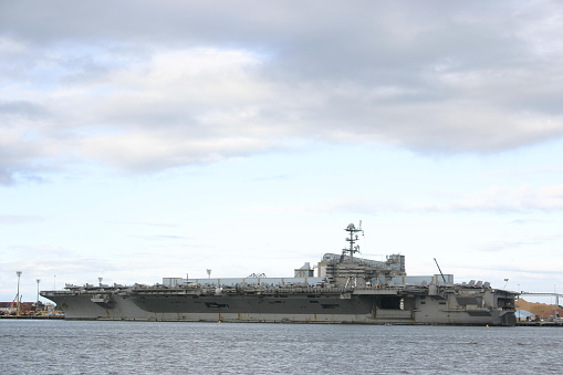 Brisbane, Australia - June 22, 2015: USS George Washington docked at Port of Brisbane, Brisbane River, Queensland, Australia.