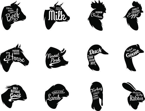 illustrations, cliparts, dessins animés et icônes de typographique farm enimals icônes d'étiquettes de viande - goose meat