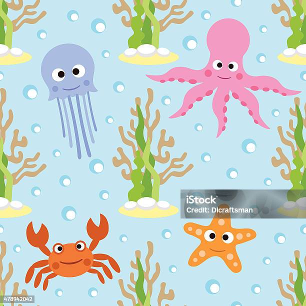 Sea Animals Seamless Background Stock Illustration - Download Image Now - Purple Jellyfish, 2015, Australian Giant Crab