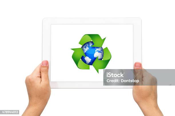 Recycle Earth Symbol With Holding Tablet Stock Photo - Download Image Now - Color Image, Cycle - Concept, Horizontal