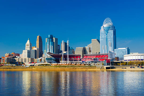 Cincinnati Downtown Skyline, Great American Ball Park and Ohio River Downtown Cincinnati skyline in the background with the Great American Ball Park midway and the Ohio River in the foreground. ohio river photos stock pictures, royalty-free photos & images