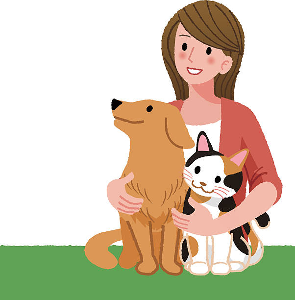 Woman looking up with furry friends vector art illustration