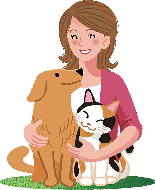 Woman smiling with furry friends vector art illustration