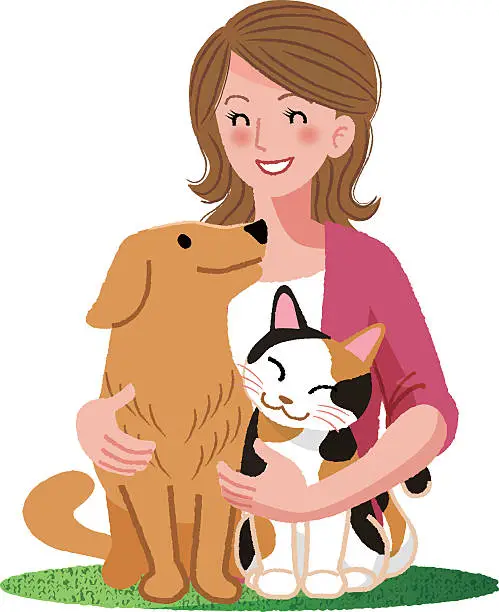 Vector illustration of Woman smiling with furry friends