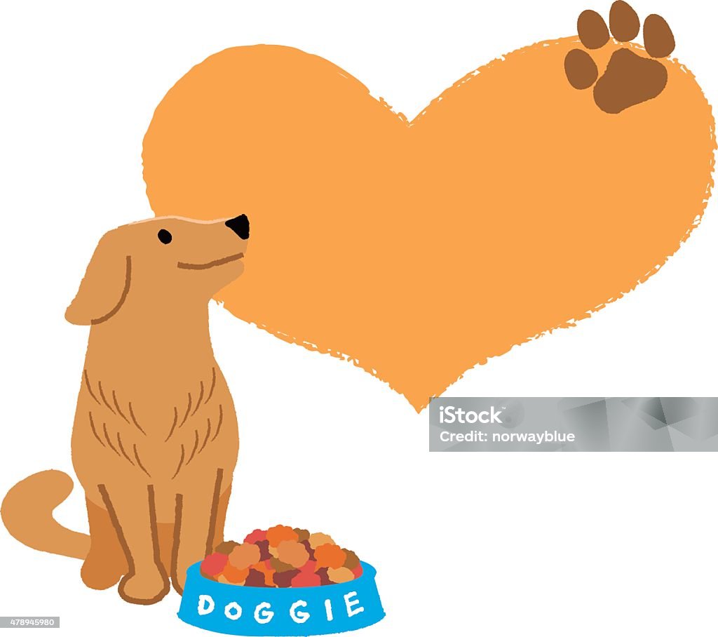 Golden retriever looking up with big heart shape Adorable dog looking up with big heart shape and paw silhouette with dry food in bowl. Golden Retriever stock vector