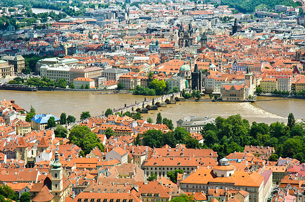 Charles Bridge and Central Prague, Czech Republic from Petrin Hill stock photo