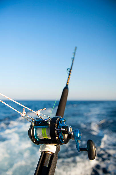 istock Fishing reel and rod on blue sky 478949070