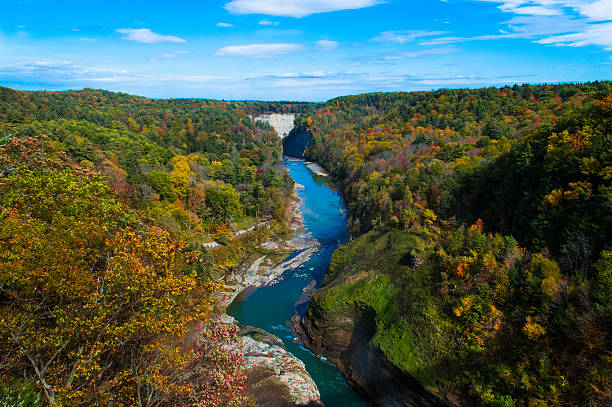 Letchworth State Park river Gorgeous picture of the river flowing through Letchworth State Park from above. letchworth state park stock pictures, royalty-free photos & images