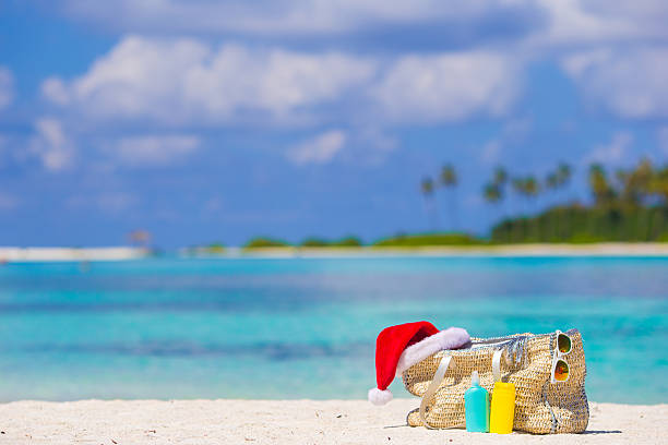 istock Beach accessories with Santa Hat on white tropical beach 478952084