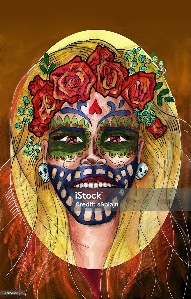 Girl shouting with her face painted Abstract portrait of a girl inspired by Dia de Muertos holiday. Girl shouting with her face painted Making stock illustration