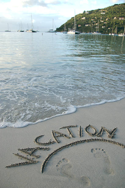 istock Vacation Message on Tranquil Caribbean Beach with Footprints 478962543