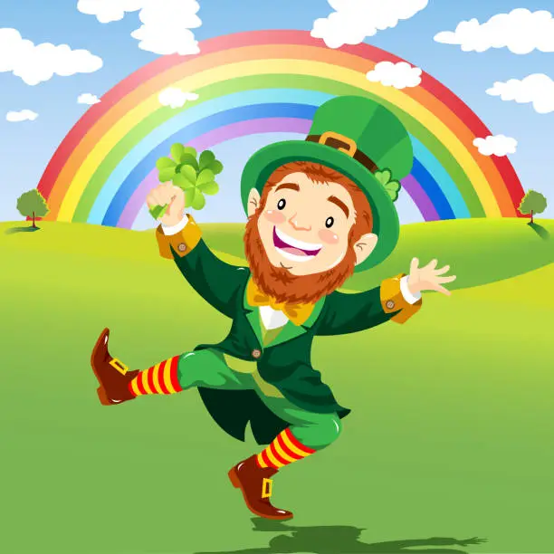 Vector illustration of Happy Leprechaun in a Nature Background with Rainbow