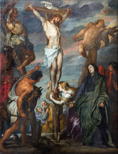 Mechelen - Paint of Crucifixion by Van Dyck in cathedral Mechelen - Paint of Crucifixion scene in St. Rumbold's cathedral by glorious baroque painter Anton van Dyck. the crucifixion photos stock illustrations