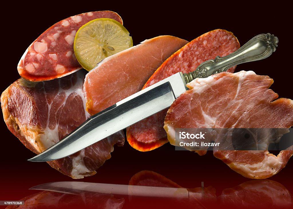 meat, grain, sausage, texture knife sliced smoked meat, sausage, texture, 2015 Stock Photo