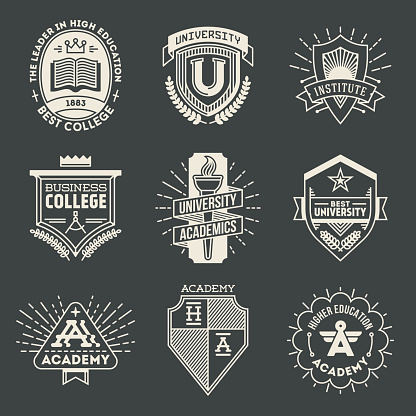 Retro design insignias high education logotypes set 1. Vector vintage elements.