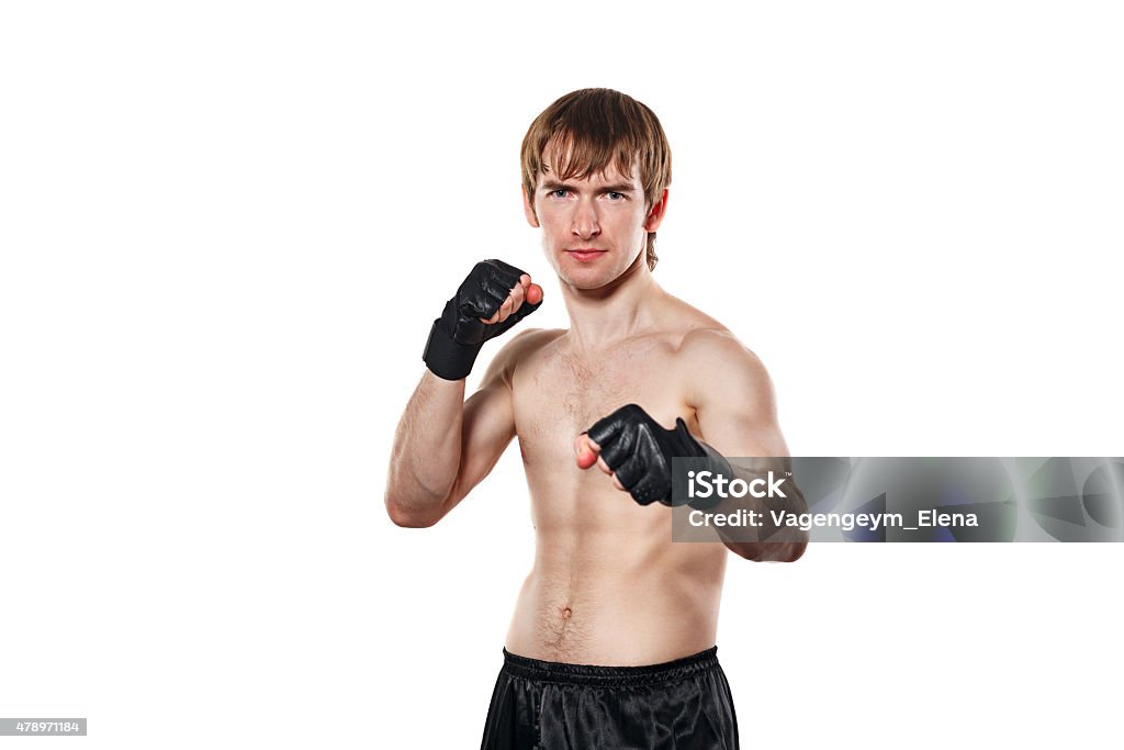 Fighter mixed martial Male fighter mixed martial gloves. Isolated on white background. Healthy lifestyle concept. 2015 Stock Photo