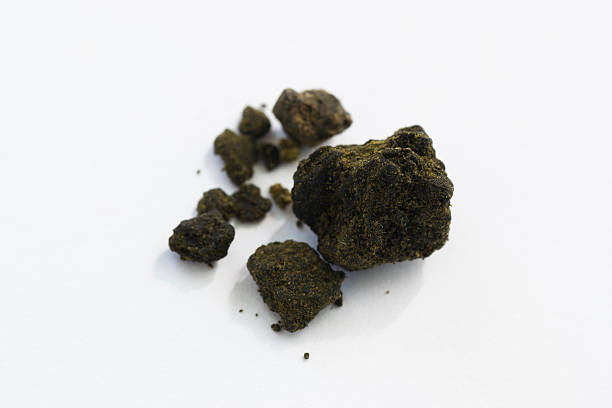 hashish pieces on white background macro Several chunks of marijuana hashish.  Shot with a macro lens to showcase details of the dark brown, granular structure that has hints of green throughout.  Studio shot on a white background. hashish photos stock pictures, royalty-free photos & images