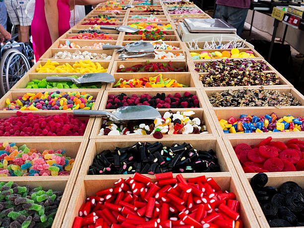 Alcudia, Spain - June 4, 2013: Colorful candy for sale on local market in Alcudia, Mallorca, Spain.