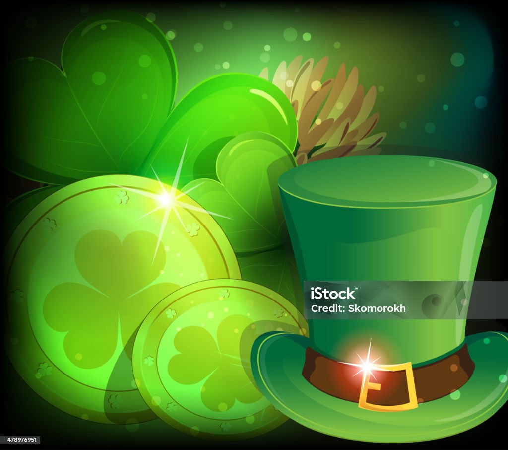 Leprechaun hat, clover and gold coins Leprechaun hat, clover and gold coins on a mystical background. St. Patrick's Day background. EPS10. Contains transparent objects Abstract stock vector