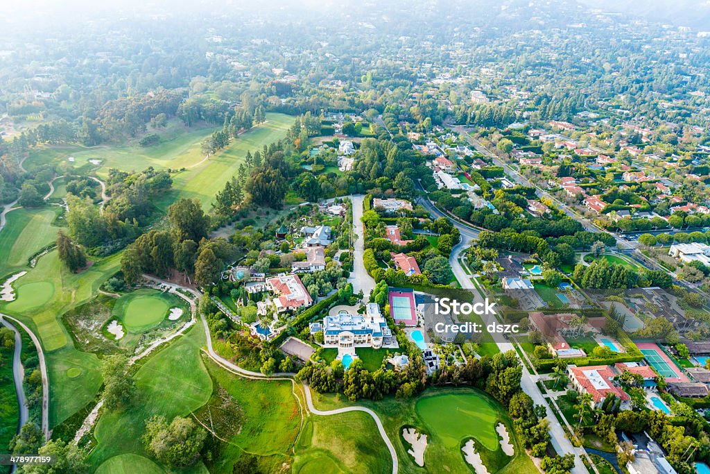 Bel Air Los Angeles neigborhood mansions and golf course, aerial Aerial view of Bel Air Los Angeles neigborhood with mansions and golf course. Bel Air, Los Angeles County, California. Bel Air Stock Photo