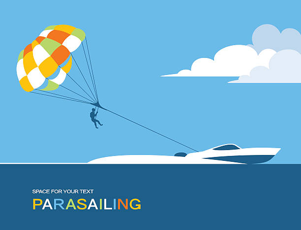 Man parasailing with parachute behind the motor boat Man parasailing with parachute behind the motor boat. Vector illustration parasailing stock illustrations
