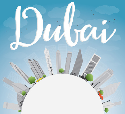 Dubai City skyline with grey skyscrapers, blue sky and copy space. Vector illustration
