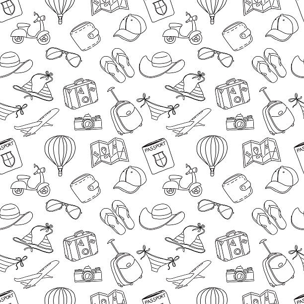 ilustrações de stock, clip art, desenhos animados e ícones de esboço de férias de verão sarrabisco sem costura padrão. preto e branco - sunglasses luggage vector hat