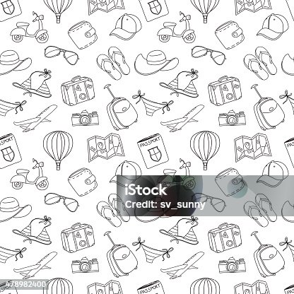 istock Summer vacation sketch doodle seamless pattern. Black and white 478982400
