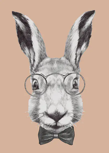 Vector illustration of Hand drawn portrait of Rabbit with glasses and bow tie.