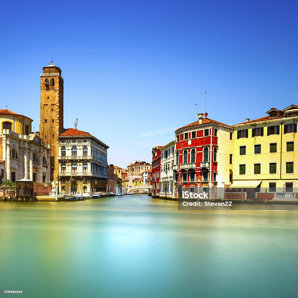 Venice grand canal, San Geremia church campanile landmark. Italy Venice grand canal, San Geremia church campanile landmark. Italy, Europe. Long exposure photography. Architecture Stock Photo