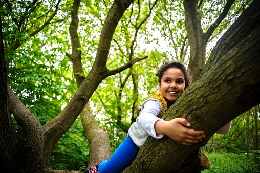 Stock photo of little girl aged 9 years old who is having fun by hanging on a tree. She is hanging on a thick branch. She is wearing blue legging and a grey top.