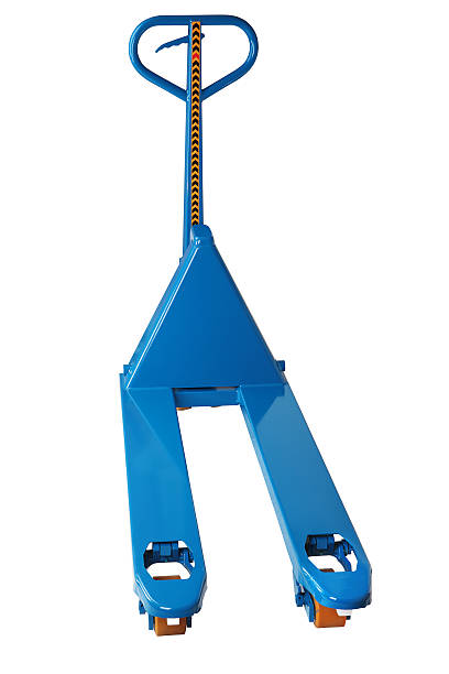 material handling equipment, blue hydraulic hand pallet truck Blue manual forklift hydraulic pallet truck  isolated on a white background, saved path isolation humphrey bogart stock pictures, royalty-free photos & images