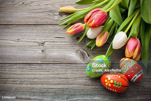Easter Eggs With Tulips Stock Photo - Download Image Now - Animal Egg, Easter, Bouquet