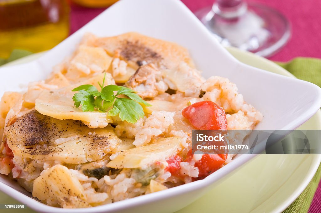 Rice, potatoes and mussels. 2015 Stock Photo