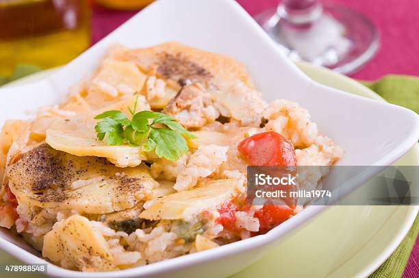 Rice Potatoes And Mussels Stock Photo - Download Image Now - 2015, Cherry Tomato, Close-up