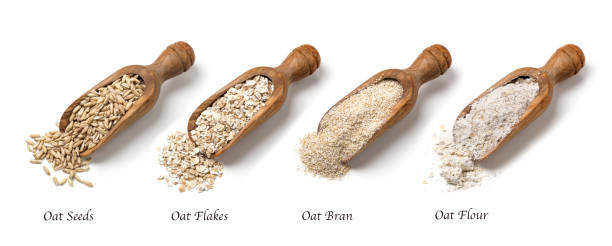 귀리 플레이크, 씨앗류 및 브란 - oat oatmeal isolated stack 뉴스 사진 이미지