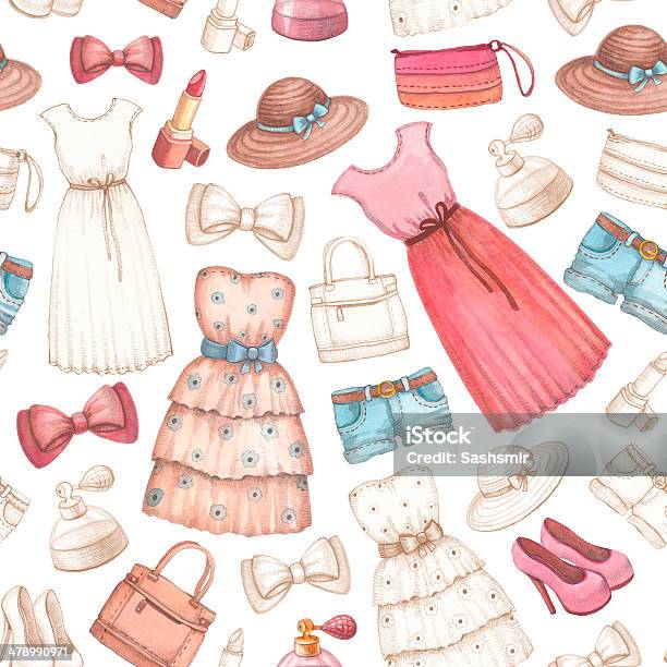 Dresses And Accessories Pencil Drawings Seamless Pattern Stock Illustration - Download Image Now